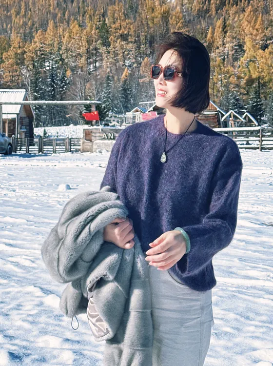 火桐hooton 帝王紫 锻彩花纱山羊绒拉绒圆领套头衫85380