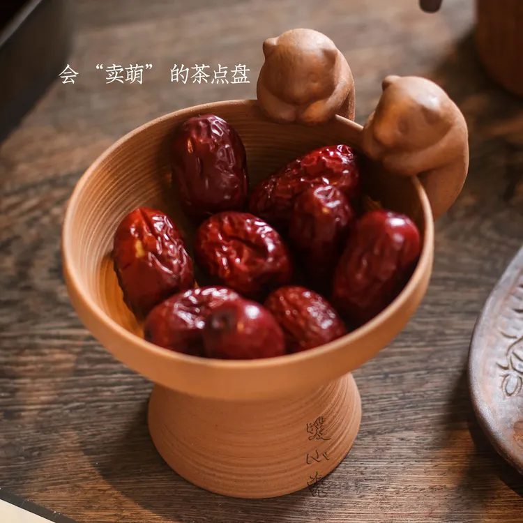 创意粗陶点心盘茶点盘茶宠茶玩茶桌饰品零食坚果果盘糖果盒瓜子