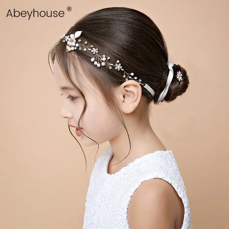 原创儿童发带公主裙百搭头饰女童手工珍珠花朵发饰小女孩婚礼配饰