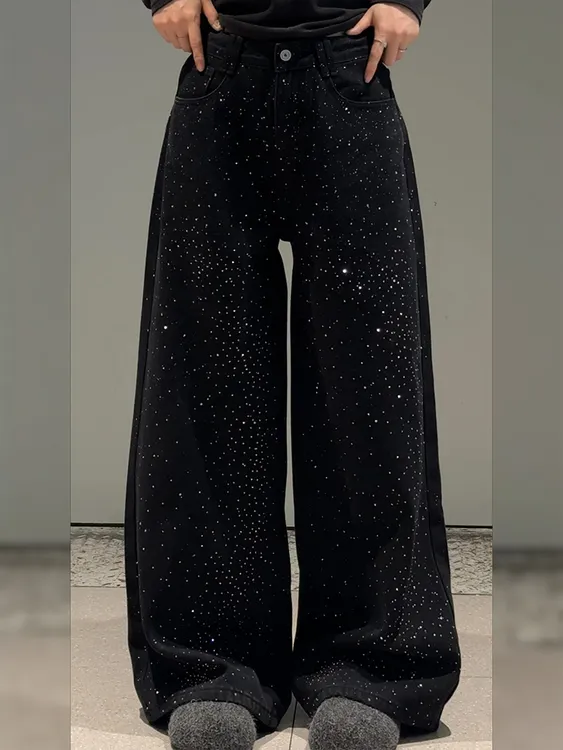 美式辣妹宽松慵懒松弛感烫钻拼接牛仔裤子女复古闪闪满天星拖地裤