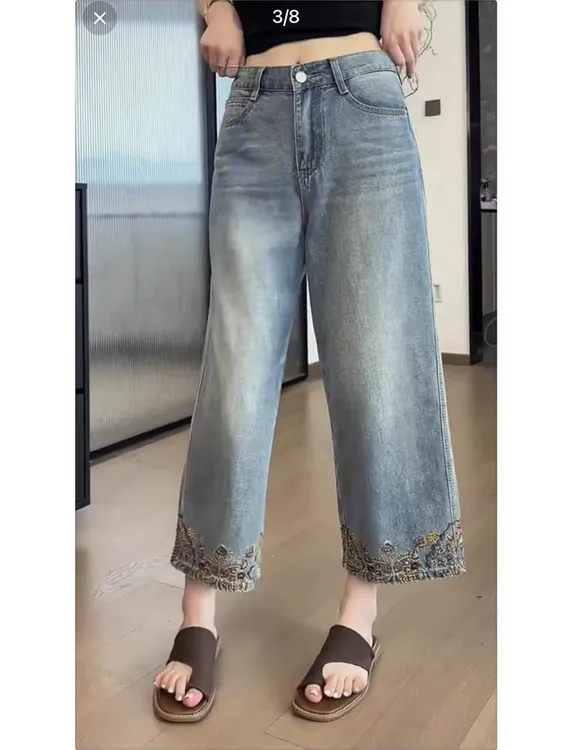 复古刺绣阔腿牛仔裤女夏季薄款大码高腰显瘦宽松百搭九分直筒裤子