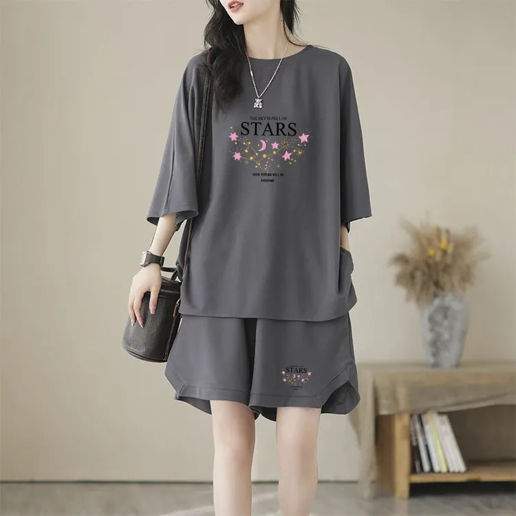 （赠运费险）大码宽松100%纯棉时尚套装上衣夏季新款潮流休闲两件套