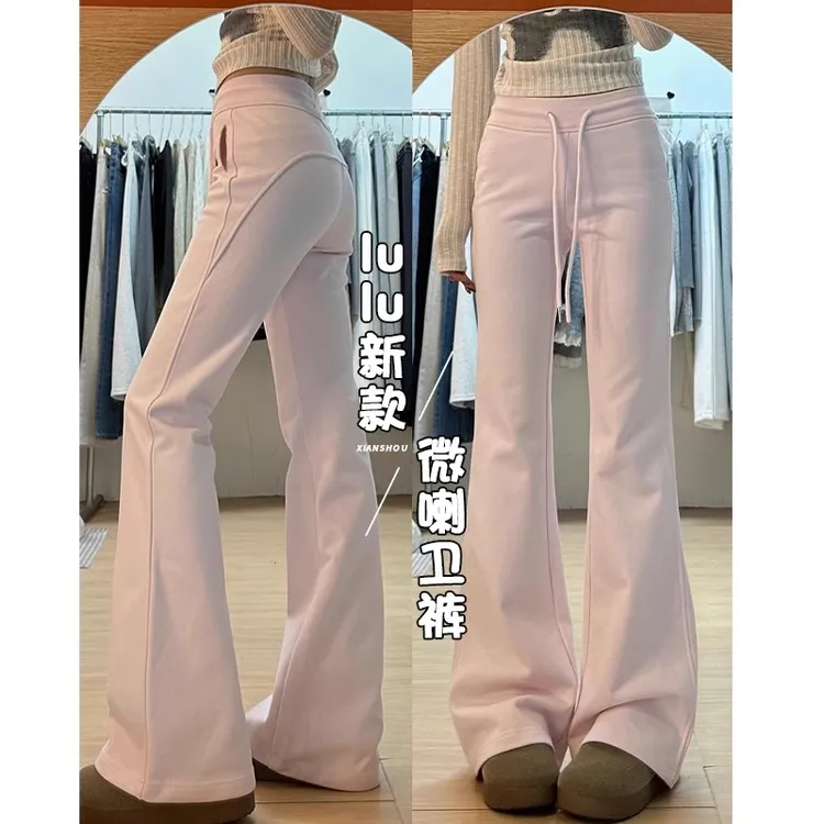 粉色微喇叭运动裤子女春夏薄款高腰垂感甜辣风休闲卫裤显瘦马蹄裤