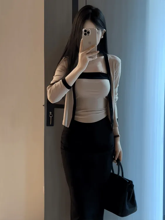 纯欲风撞色抹胸吊带内搭女新款修身显瘦短款长袖开衫上衣套装