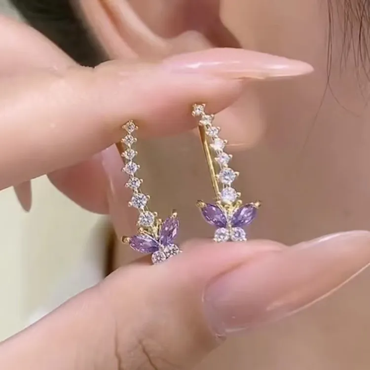 钛钢耳饰 紫色蝴蝶耳排耳环女优雅气质小众甜美设计精致百搭耳钉