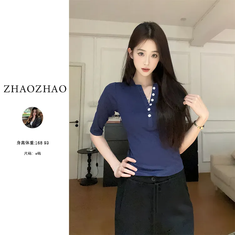 【ZHAOZHAO】美式辣妹灰色纽扣半开领正肩短袖T恤女显瘦短款中袖