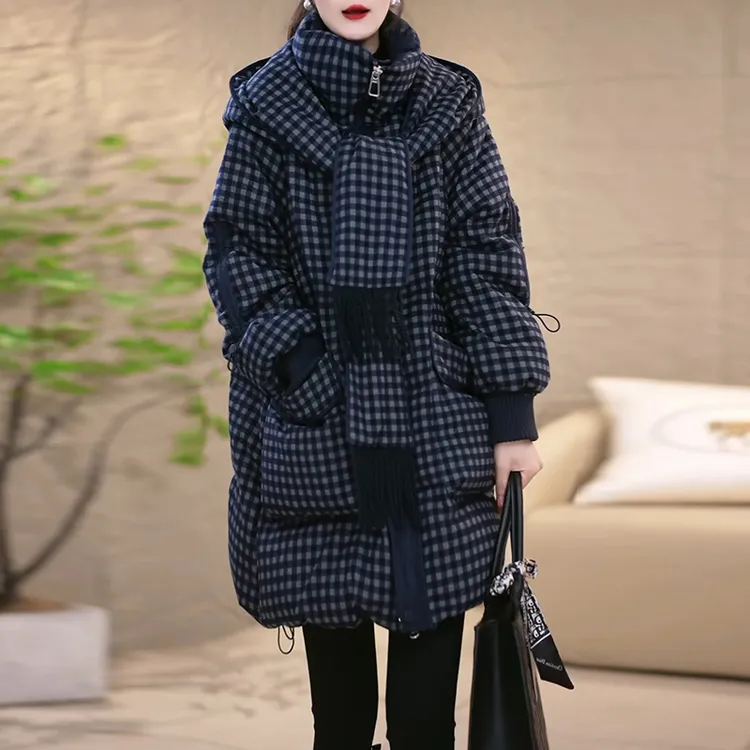 职场通勤小众格子棉服女款设计感中长款2026冬季保暖百搭新款外套