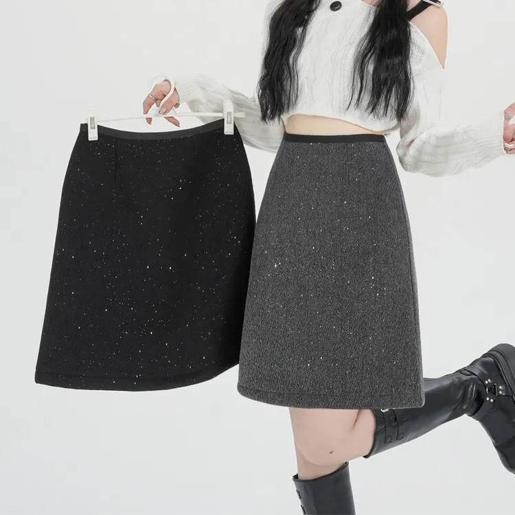 小云总专享 香风亮片繁星毛呢中裙秋冬款半身裙高腰A字包臀短裙