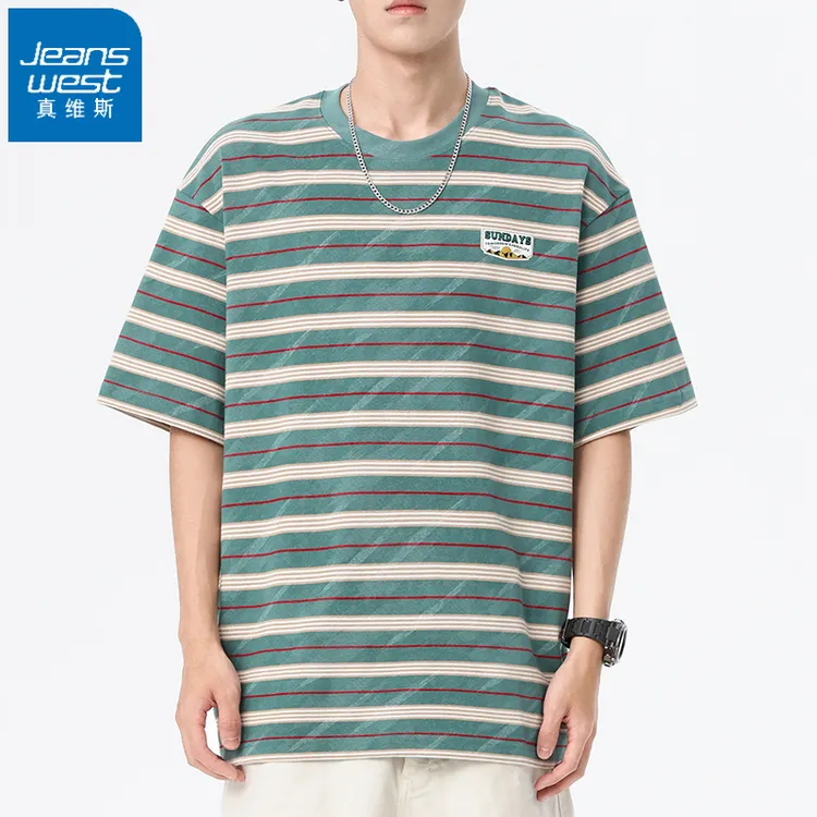 Jeanswest/真维斯2025新款男士夏季纯棉条纹短袖T恤宽松大高能感