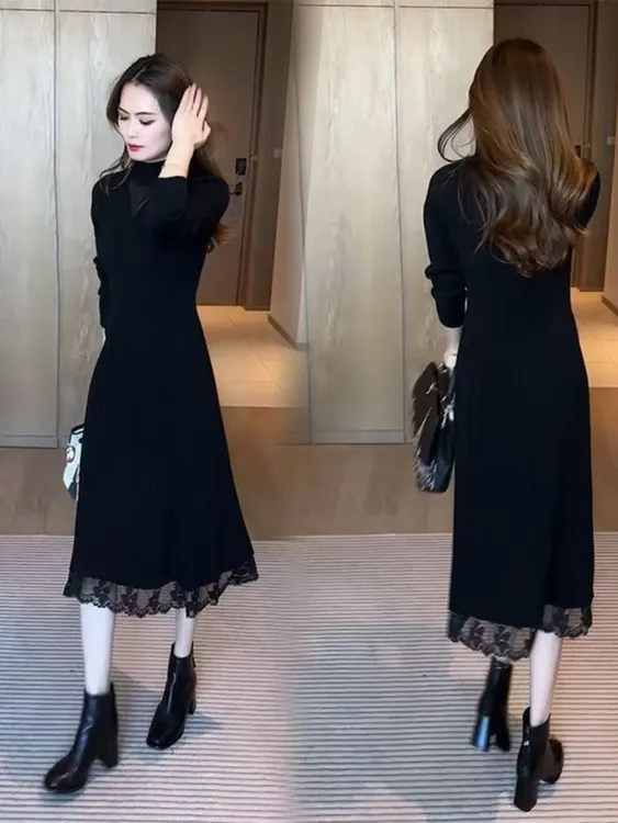 蕾丝针织连衣裙女士中长款秋冬新款修身显瘦气质配大衣过膝打底裙