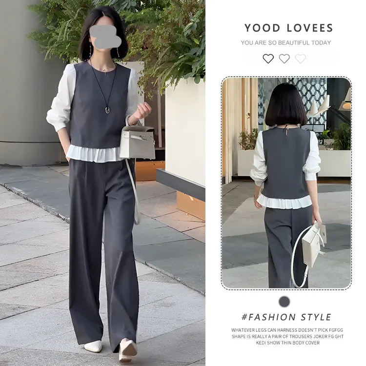 通勤两件套2025春秋新款假两件下摆荷叶边衬衫阔腿裤减龄套装女