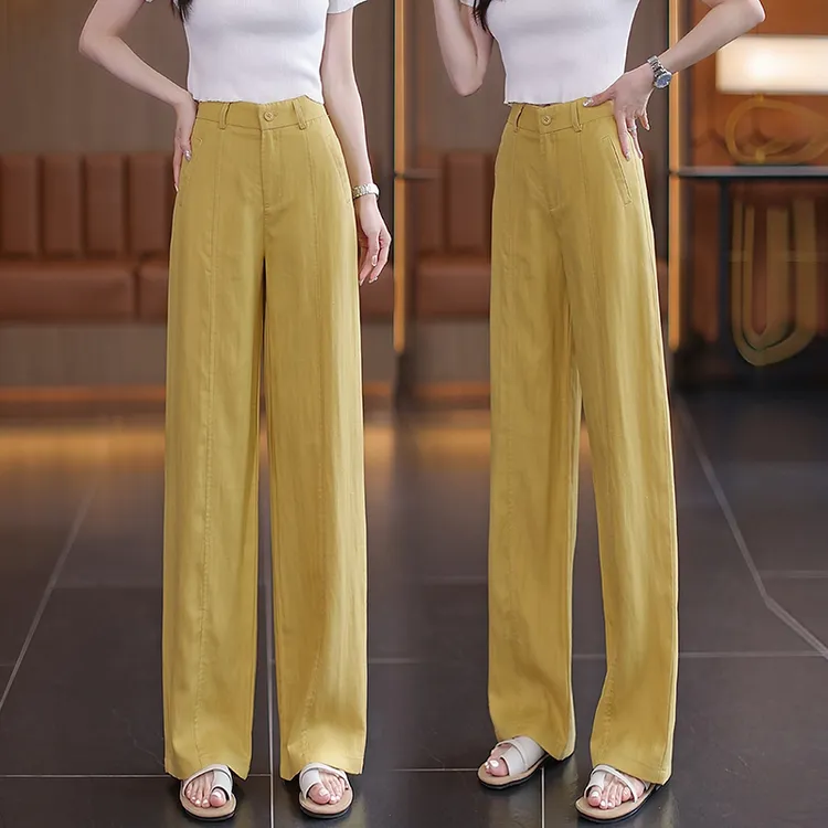 黄色天丝亚麻阔腿裤女2025新款爆款女裤高腰窄版夏季薄款直筒裤子