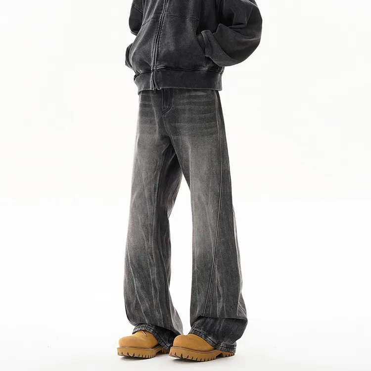 美式高街暗黑拼接扎花修身微喇牛仔裤男女宽松直筒休闲百搭长裤子