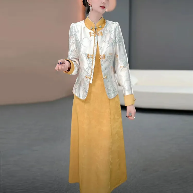 新中式中国风高贵连衣裙女春季2025新款洋气显瘦提花刺绣裙子套装