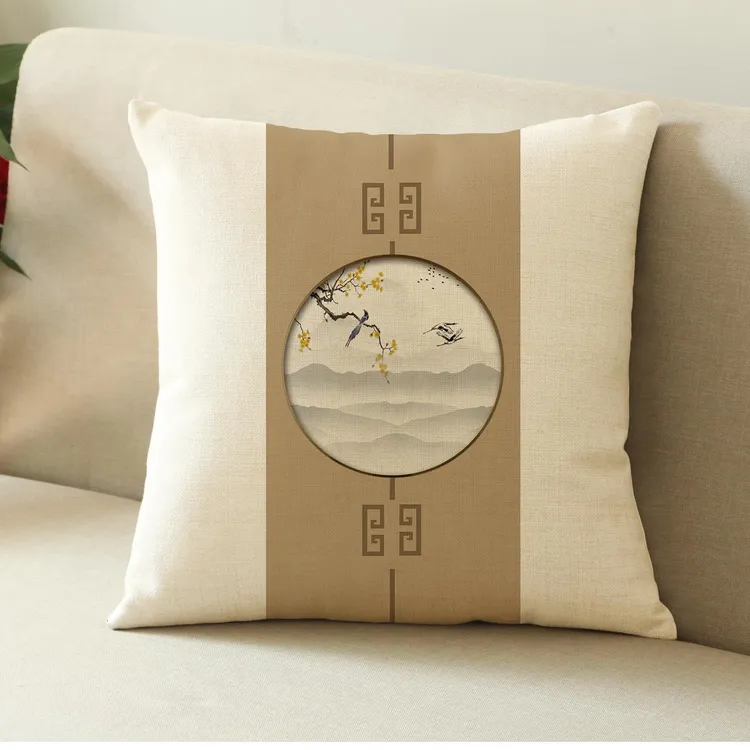 新中式双面抱枕靠垫中国风红木沙发客厅山水花鸟棉麻靠背枕套含芯