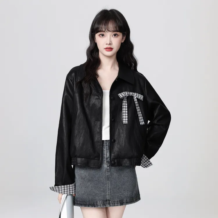 复古黑色PU皮衣外套女秋2025春秋新款蝴蝶结翻领夹克开衫短款上衣