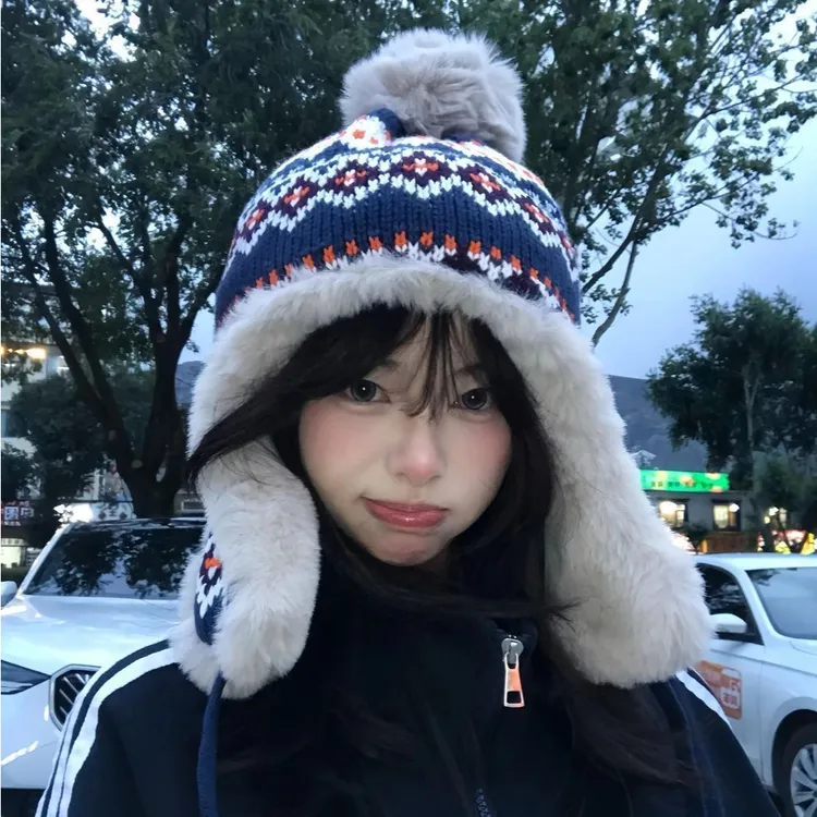 韩版帽子女冬针织毛线帽保暖加绒加厚户外玩雪防寒护耳雷锋帽C
