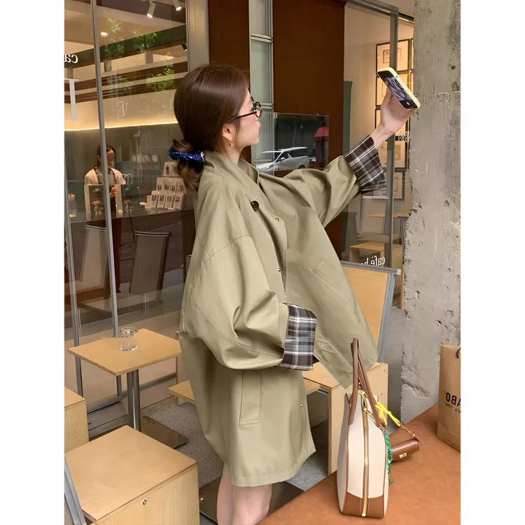早秋高级感小个子撞色短款风衣外套女宽松廓形英伦风日系大衣F427