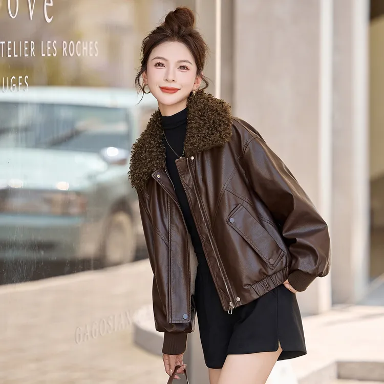 小个子皮衣外套女短款2025冬季新款宽松女士加绒加厚皮夹克上衣服