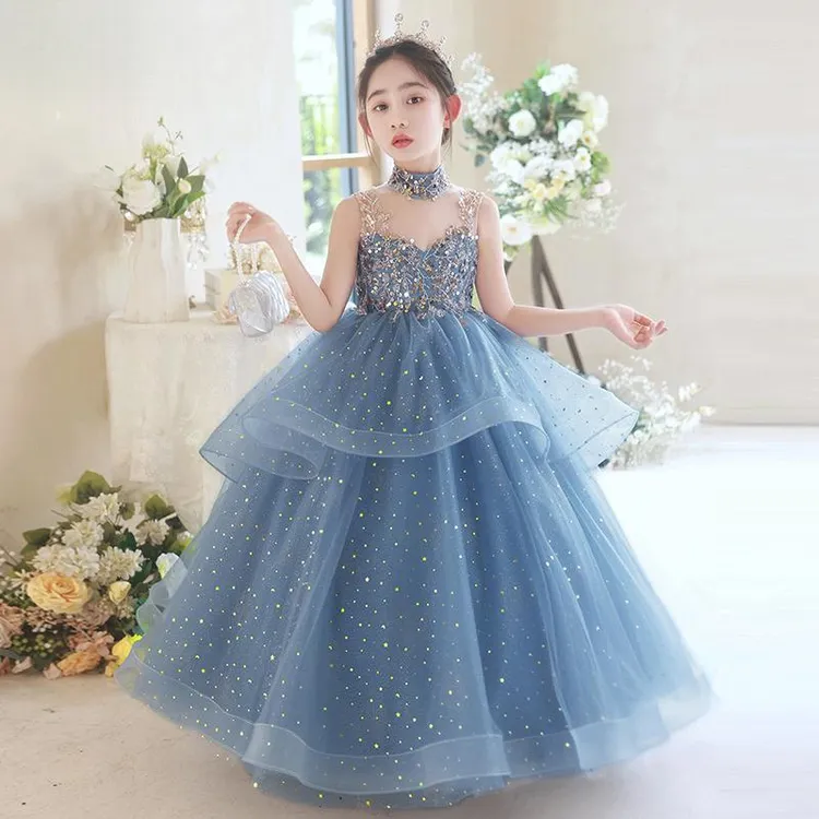 蓝色儿童礼服公主裙高端洋气主持人女童2025新款走秀钢琴演出服夏