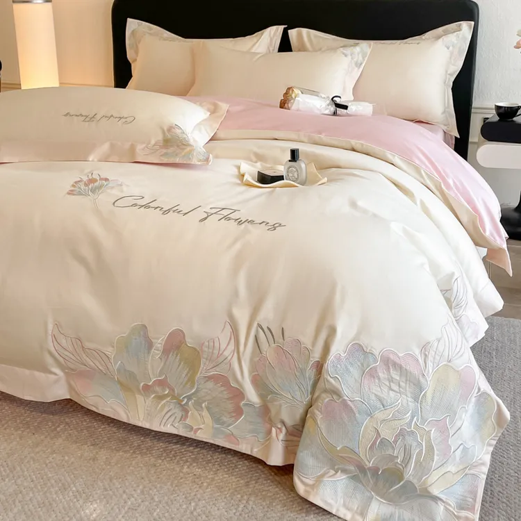 网红款200支全棉四件套纯棉花卉刺绣被套亲肤裸睡床笠床上用品四