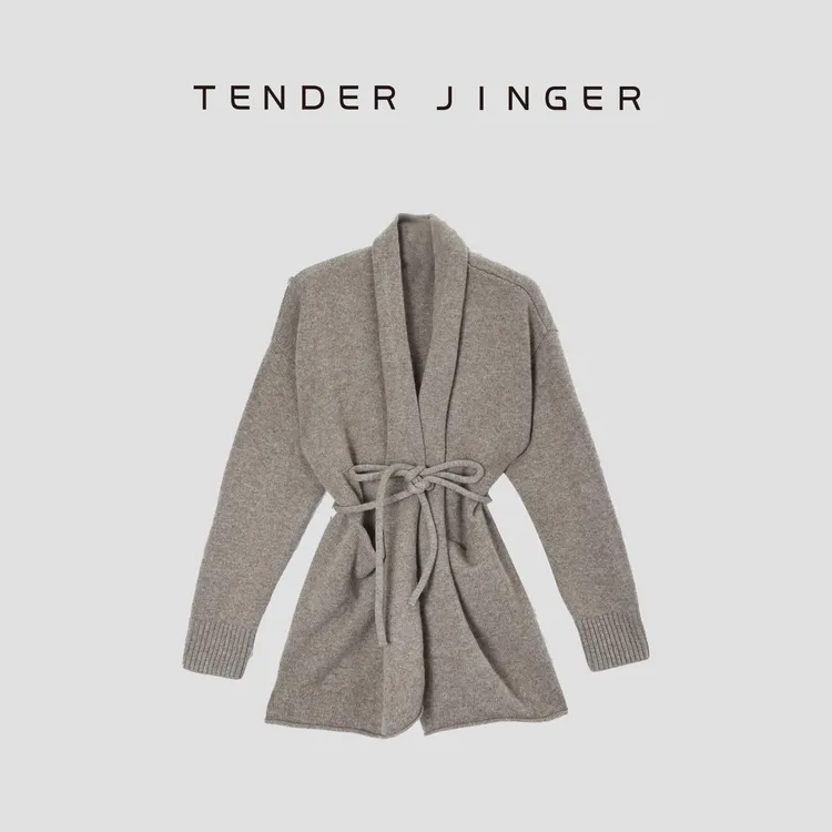 Tender Jinger文艺范抽绳中长款重磅羊毛开衫T54DDD50036
