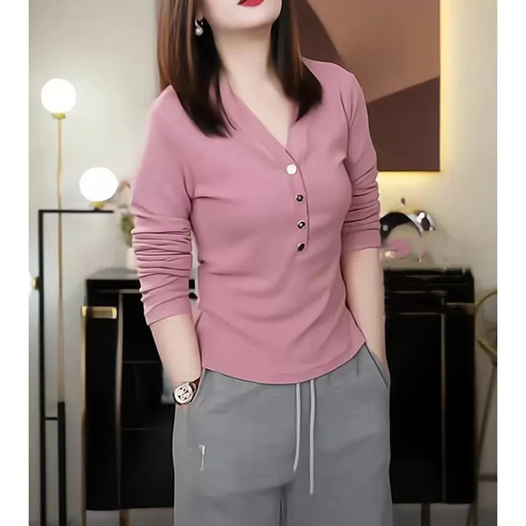时尚修身V领长袖T恤女2025春秋季新款气质百搭打底衫洋气显瘦上衣