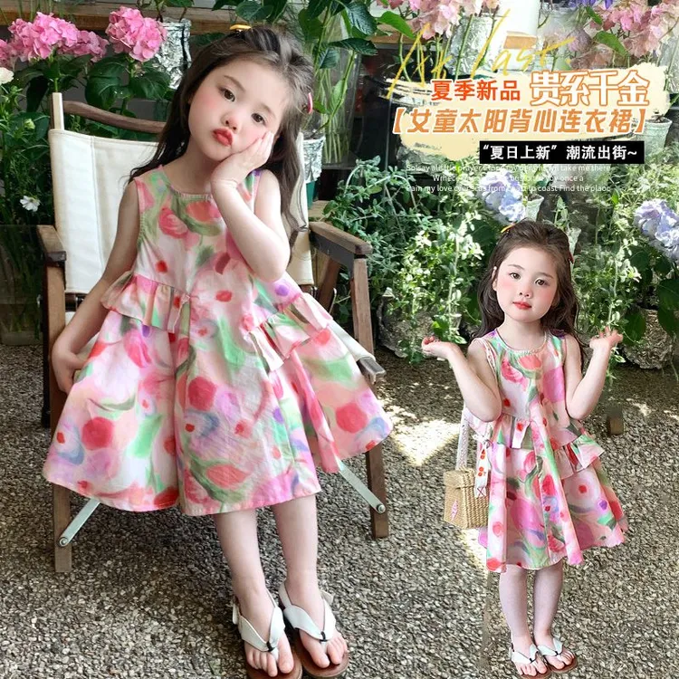女童夏装无袖连衣裙新款儿童碎花背心裙洋气宝宝纯棉薄款裙子