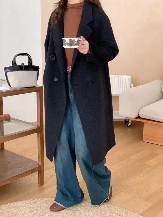 秋冬羊毛双面呢大衣小个子长款微茧型中长款大衣外套