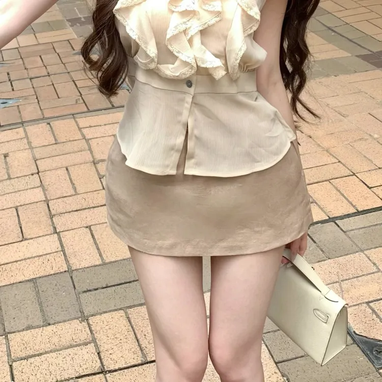 2025夏季新款百搭时尚荷叶领优雅风复古上衣复古半身裙裤裙套装女