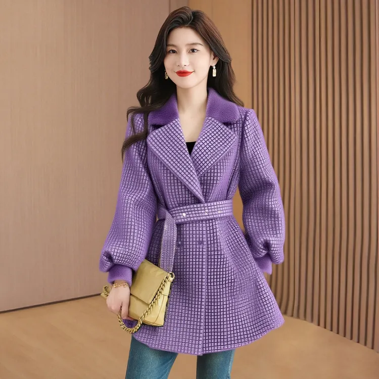 【尚缇歌】紫色毛呢大衣女秋冬中长款翻领系带收腰雪尼尔绒外套高级