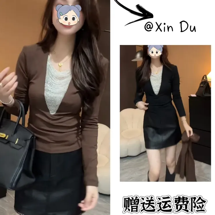 2025秋季新款时尚显瘦气质女士网红洋气打底衫百搭款D23104