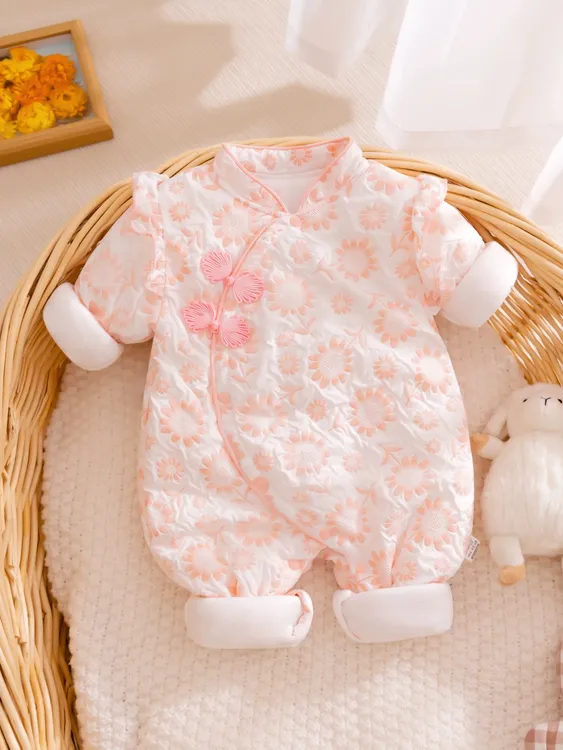 婴儿秋季长袖连体衣公主风樱花粉宝宝a类棉0-1周岁宝宝爬服抓周服