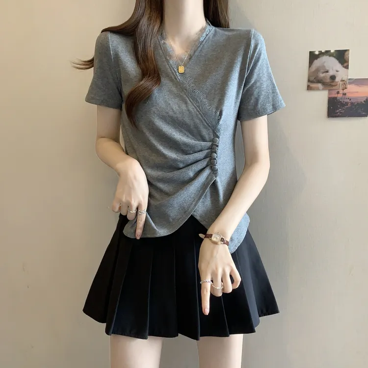大码正肩不规则短袖t恤小众炸街高级感女装蕾丝花边交叉v领上衣夏