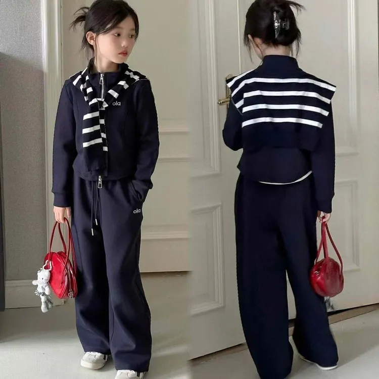 韩国童装女童2025秋装新款洋气条纹披肩立领卫衣套装两件套运动装