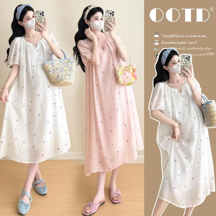 2025夏装新款韩版简约甜美小清新孕妇连衣裙中长款孕妇裙孕妇装潮