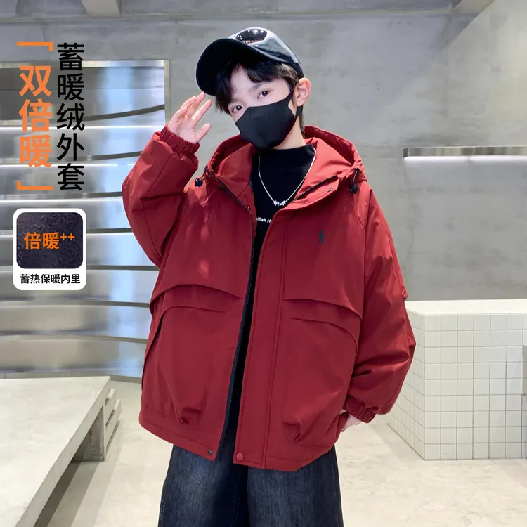 男童冬装加厚兔毛加绒派克服外套2026新款儿童红色拜年服棉服潮牌