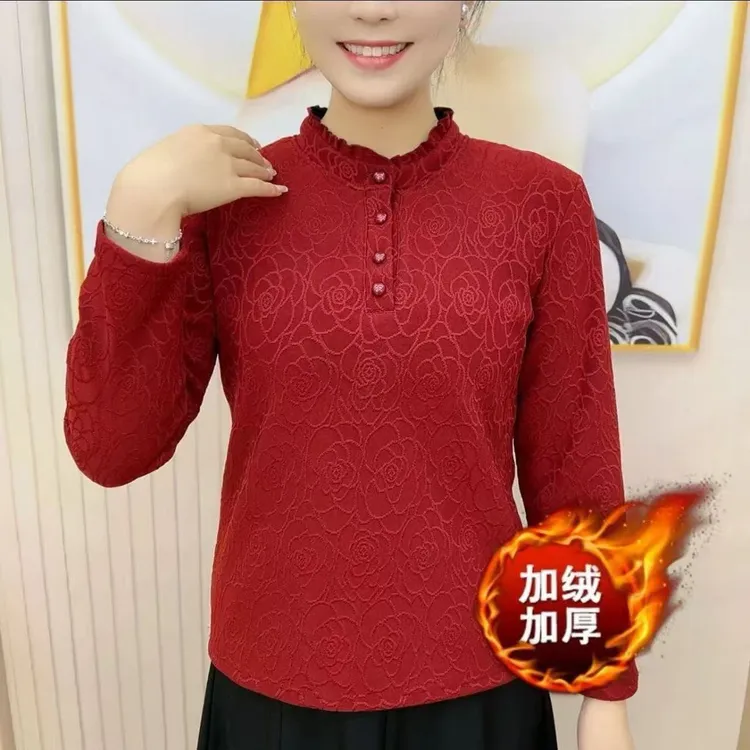 秋冬新款提花加绒中式打底长袖妈妈时尚加厚百搭洋气高领保暖上衣