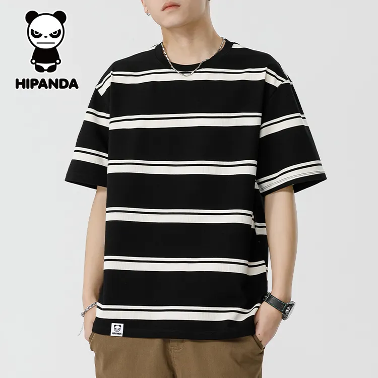 HiPanda你好熊猫条纹短袖T恤男士夏季圆领宽松简约百搭薄款打底衫