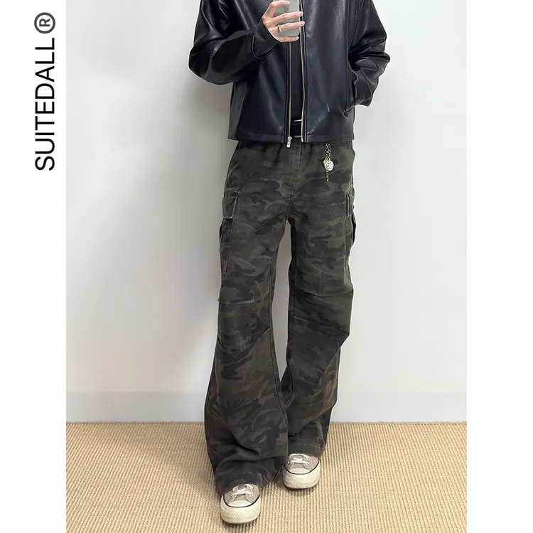 SUITEDALL直筒微弯刀迷彩裤 硬核珠帆布三本针打褶百搭宽松工装裤
