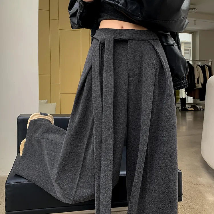 实拍毛呢西装阔腿裤女2025秋冬绑带设计感高腰显瘦宽松休闲拖地裤