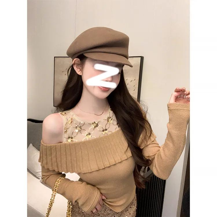 蕾丝拼接网纱亮片重工露肩上衣女秋冬法式纯欲修身显瘦设计感针织