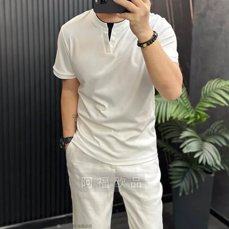 【阿福欧品】男士极简百搭双层V领短袖T恤