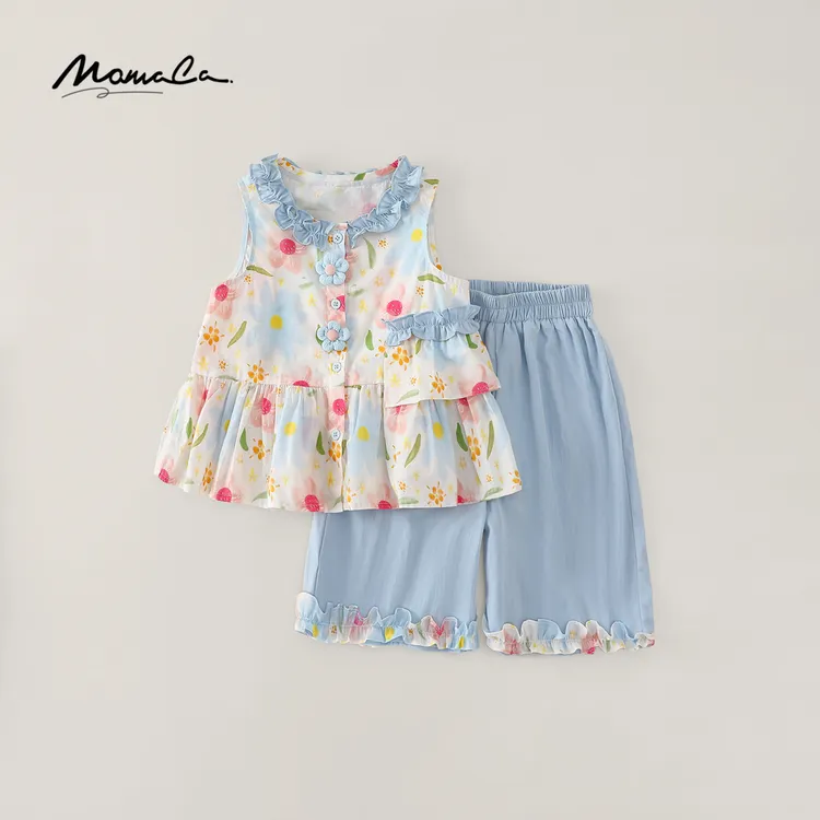 MOMOCO女童2025夏季纯棉新款碎花时尚甜美七分裤套装77630578192