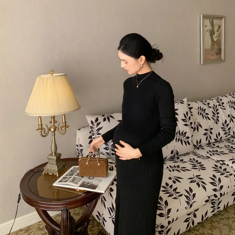 ZMA孕妇装【荷叶边连衣裙】秋冬季半高领修身内搭孕妇长裙打底裙