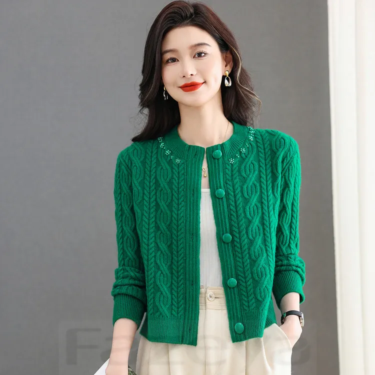 彩羊2025春秋新款圆领重工针织仿羊毛开衫女时尚休闲显瘦百搭毛衣