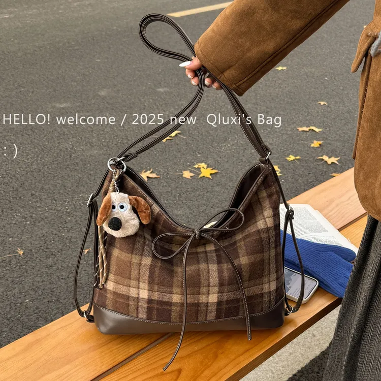 【QIANLUXI/千璐禧】 韩版秋冬毛呢格子大容量托特包复古通勤单肩包