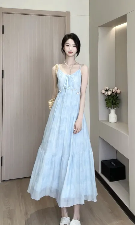 【野生甜穗】氧气感蓝色贝壳吊带长裙连衣裙收腰连衣裙B251Q0748