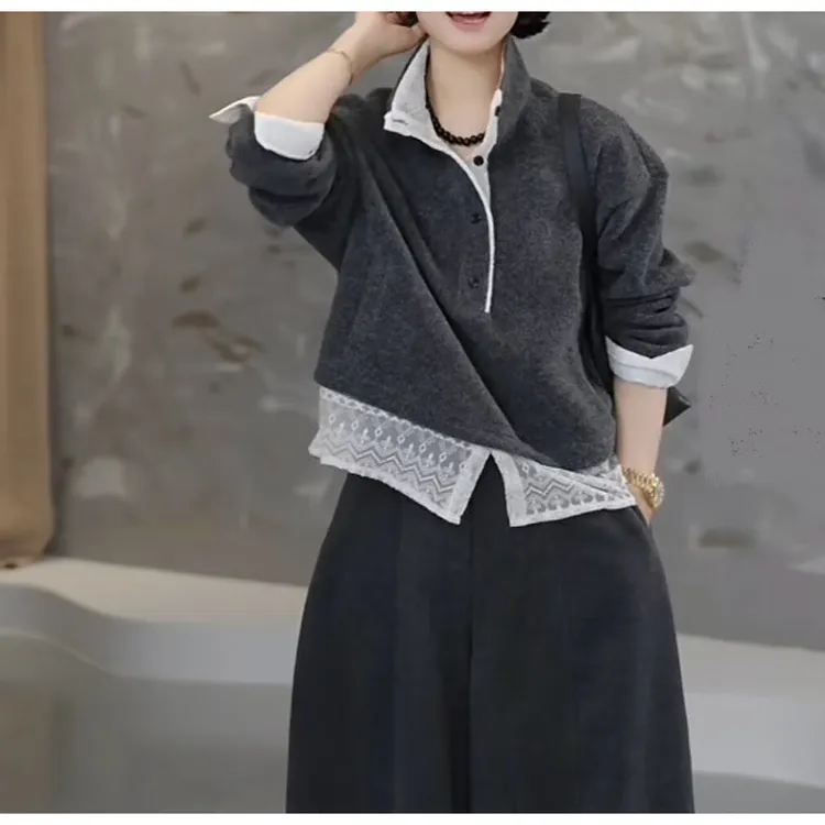 “寻梦”2025冬季新款时尚蕾丝拼接厚款假两件女款百搭上衣