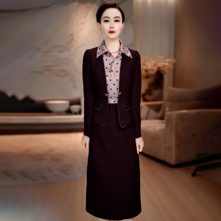 端庄大气时尚套装女2025秋季新款妈妈装遮肉显瘦减龄连衣裙两件套